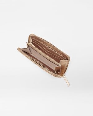 Honey Metallic Leather Long Zip Round Wallet